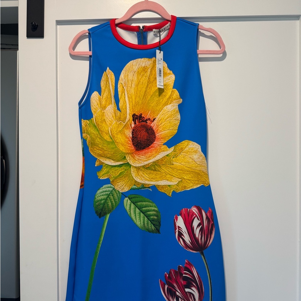 Alice + Olivia Blue Dress with Yellow and Red Floral Design